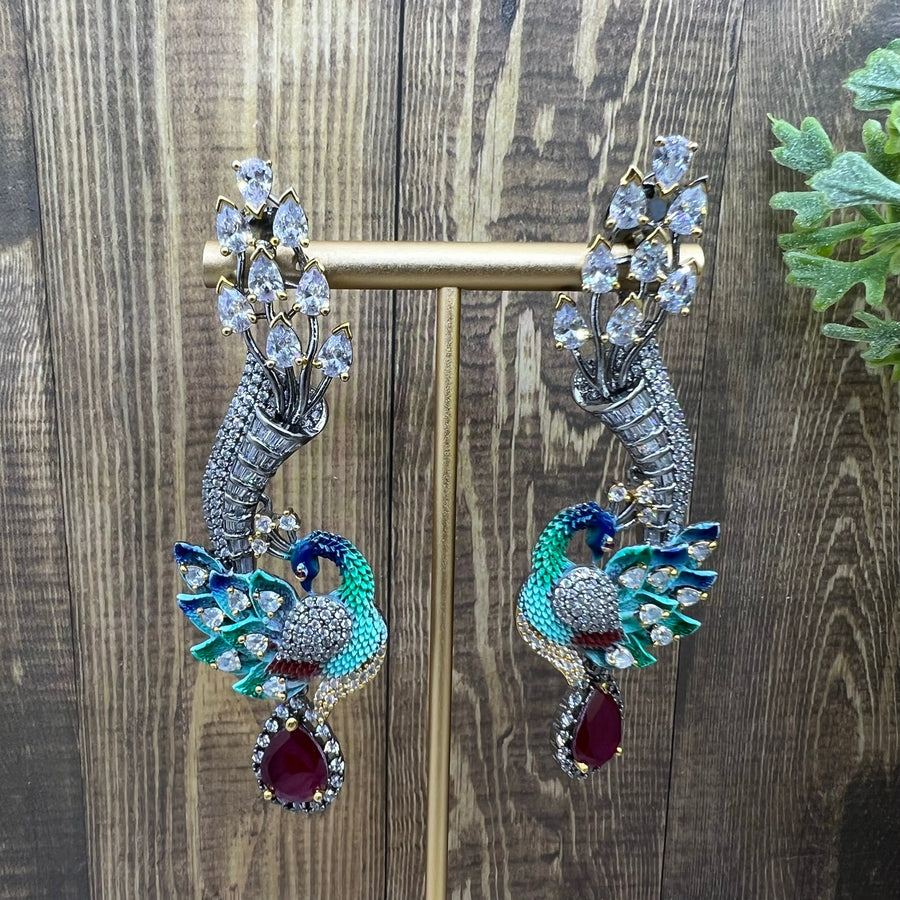 Cz Meenakari Peacock-Shaped Earrings. Ruby Earrings