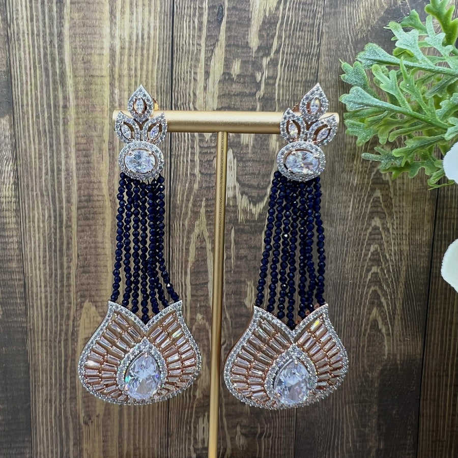 Aafreen Statement Oval Shape With Cz & Baguette Stone Long Earrings Sapphire