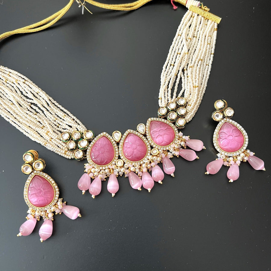 Amrapali Inspired Stone Meenakari Kundan With Ad Necklace Choker Set Pink Choker