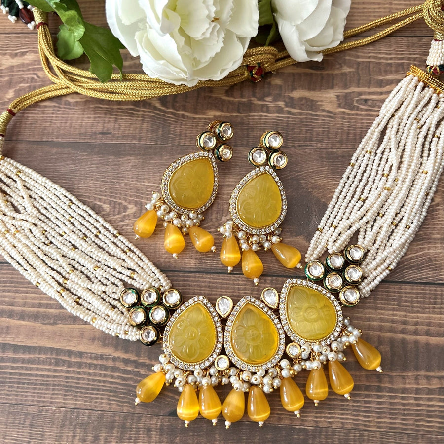 Amrapali Inspired Stone Meenakari Kundan With Ad Necklace Choker Set Yellow Choker