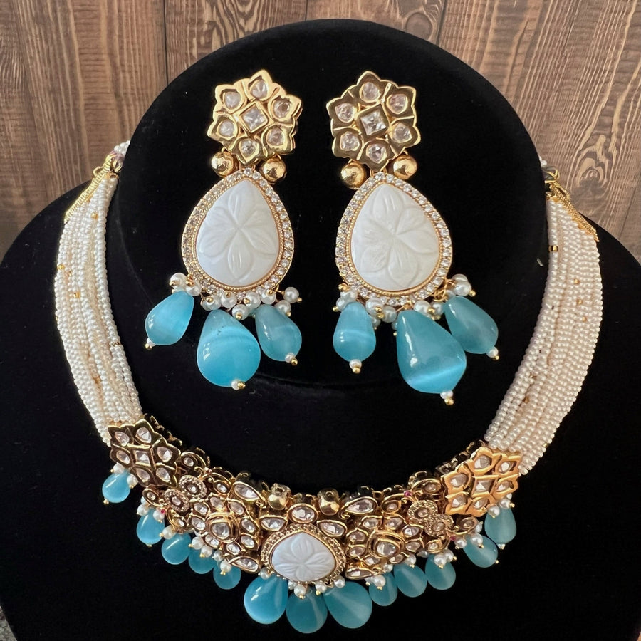 Amrapali Inspired Carved Stone Silver Foiled Kundan With Ad Necklace Choker Set Choker