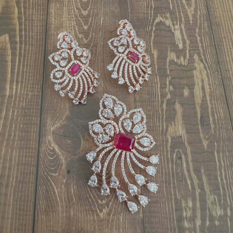 Leaf Shape American Diamond Pendant Set Ruby - Rose Gold Charms & Pendants