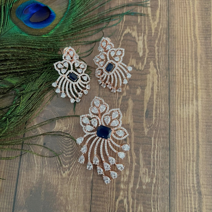 Leaf Shape American Diamond Pendant Set Sapphire - Rose Gold Charms & Pendants