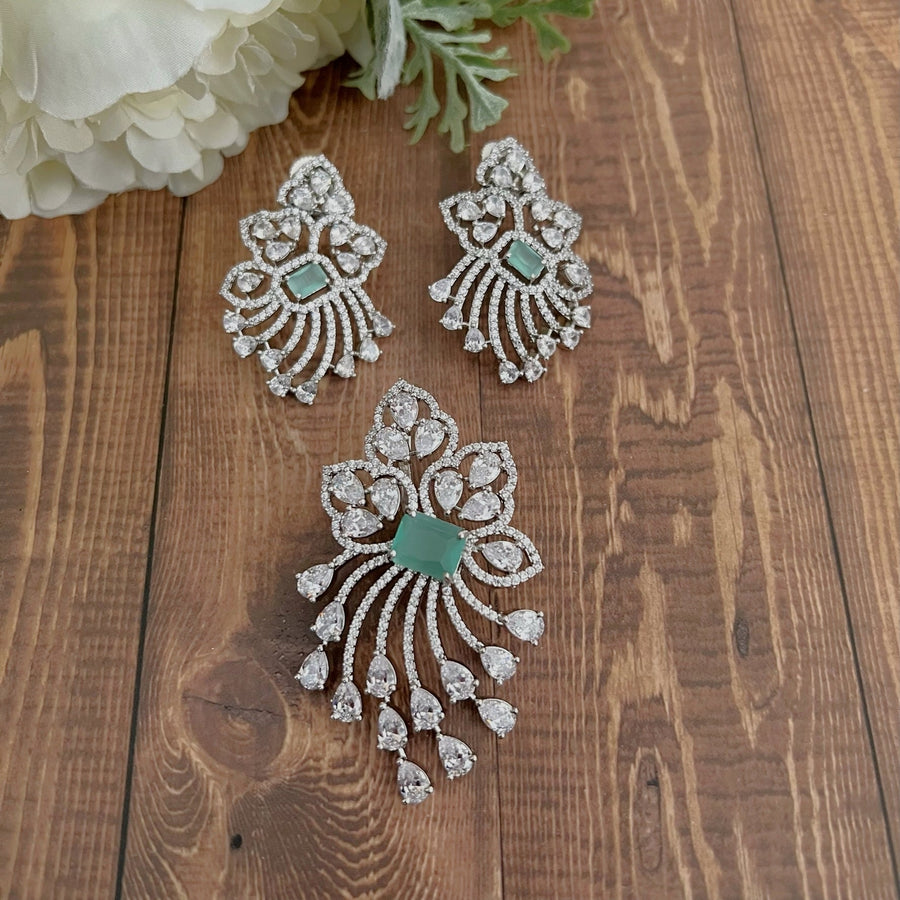 Leaf Shape American Diamond Pendant Set Mint Green - Silver Charms & Pendants