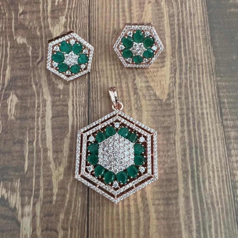 Hexagon Shape American Diamond Monalisa Studded Pendant Set. Emerald Green Charms & Pendants