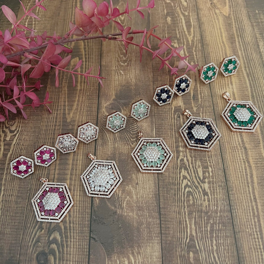 Hexagon Shape American Diamond Monalisa Studded Pendant Set. Charms & Pendants
