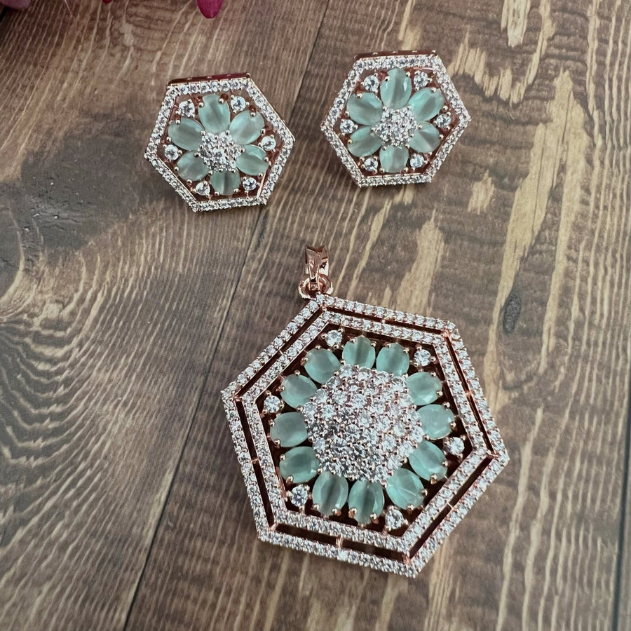 Hexagon Shape American Diamond Monalisa Studded Pendant Set. Mint Green Charms & Pendants