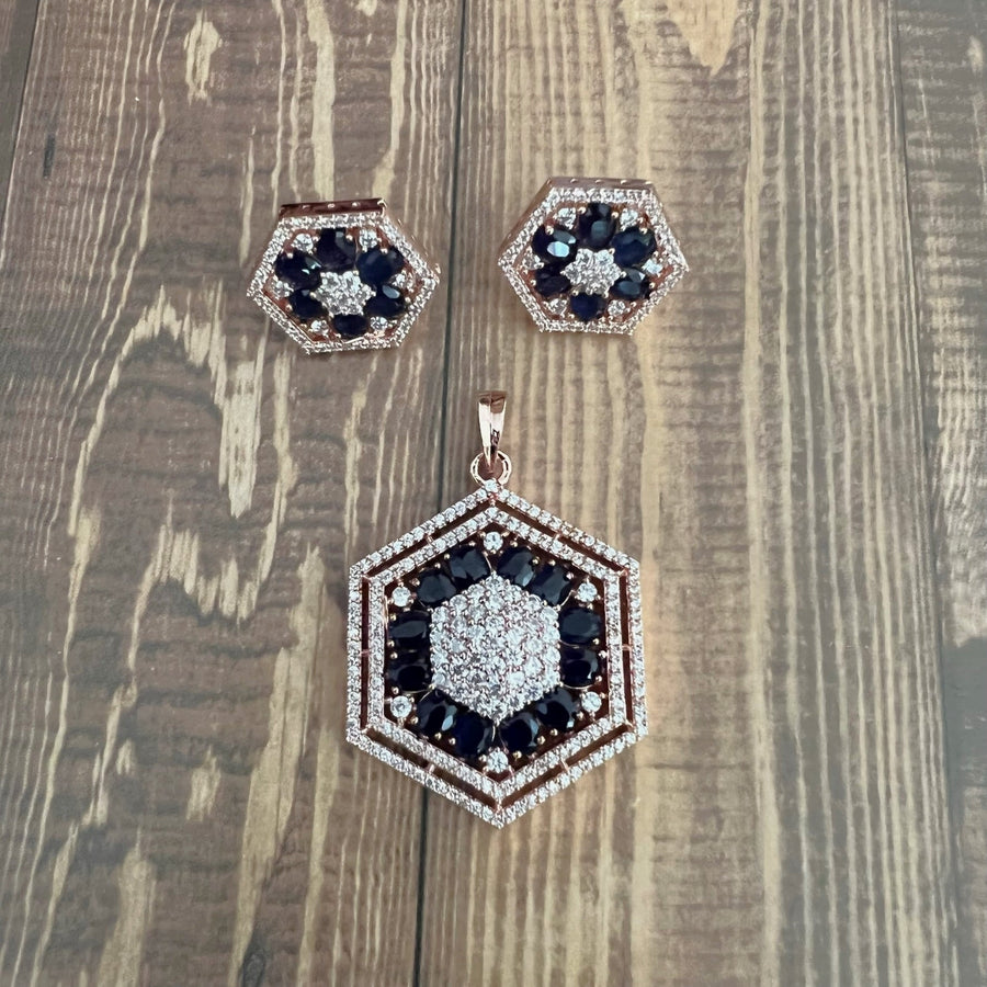Hexagon Shape American Diamond Monalisa Studded Pendant Set. Sapphire Charms & Pendants