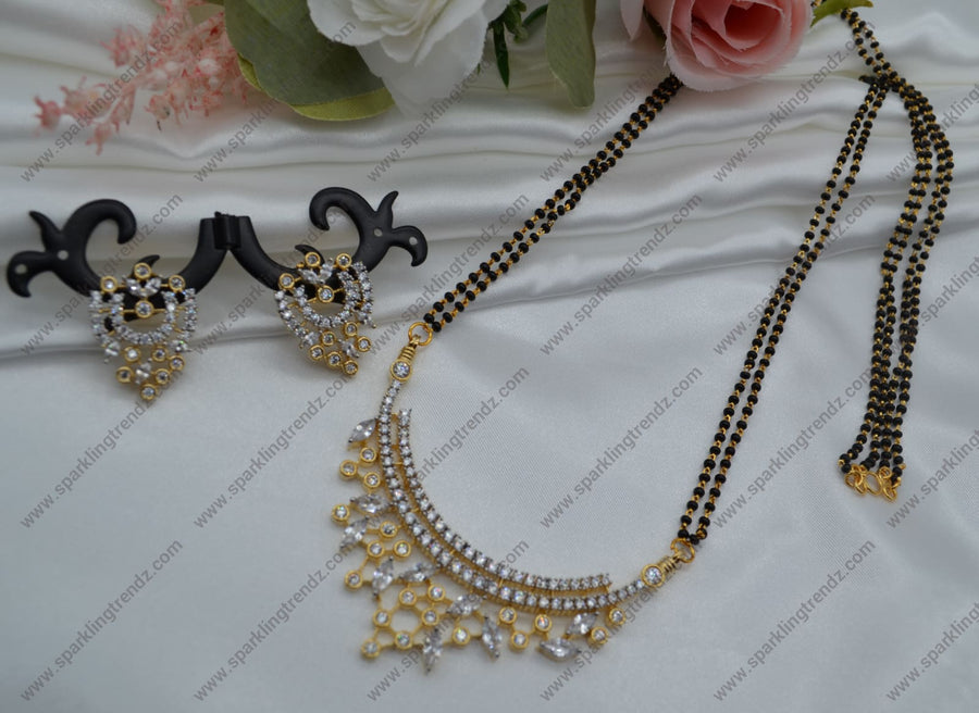 Cubic Zirconia Ad White Black Beads Mangalsutra Necklace Set Necklaces