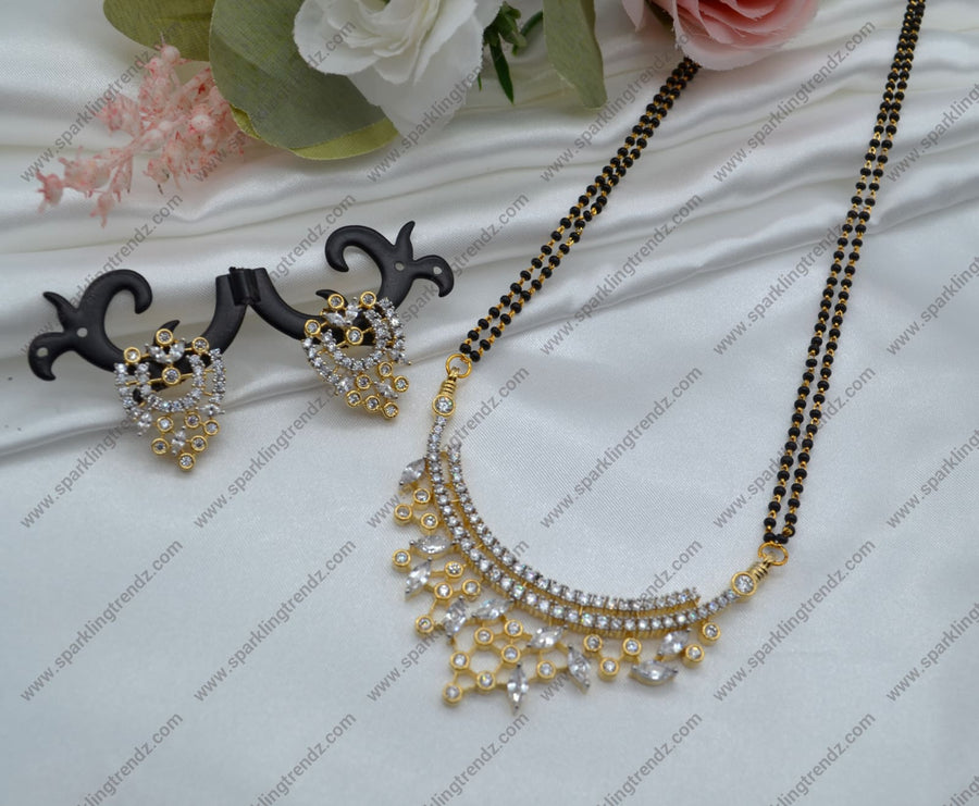 Cubic Zirconia Ad White Black Beads Mangalsutra Necklace Set Necklaces
