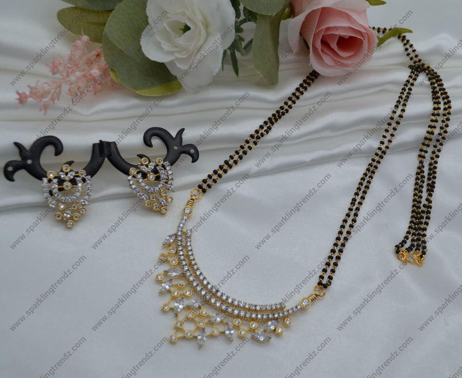Cubic Zirconia Ad White Black Beads Mangalsutra Necklace Set Necklaces