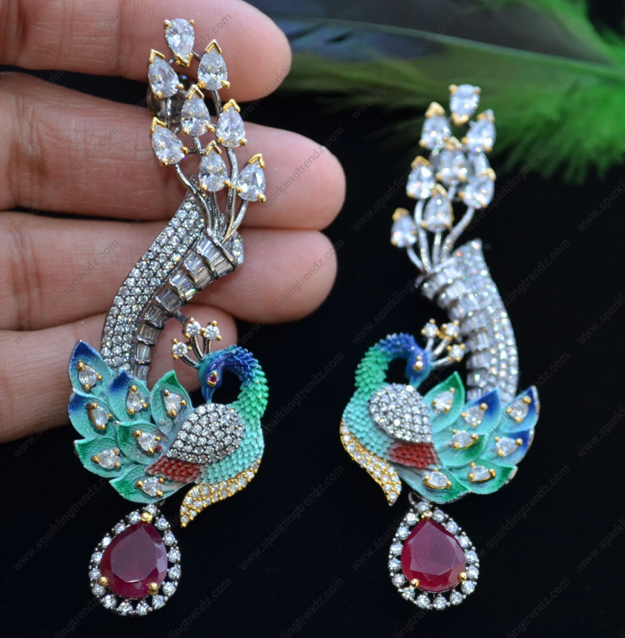 Cz Meenakari Peacock-Shaped Earrings. Earrings