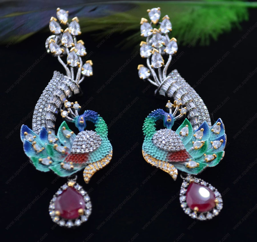 Cz Meenakari Peacock-Shaped Earrings. Earrings