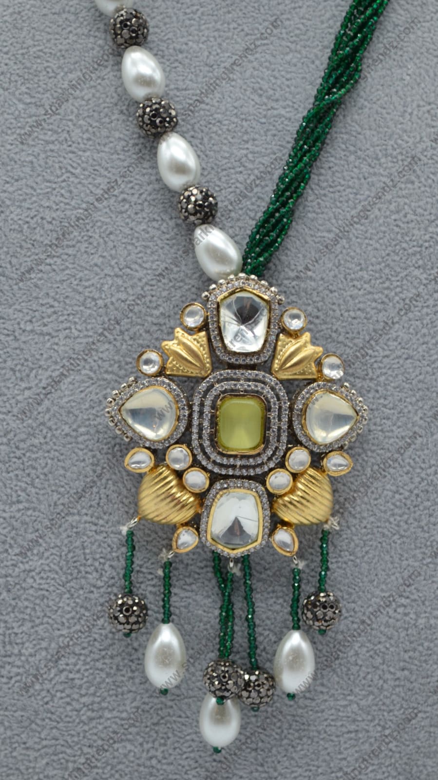 Daul Tone Kundan Ad Studded Pendant Necklace Set Necklaces