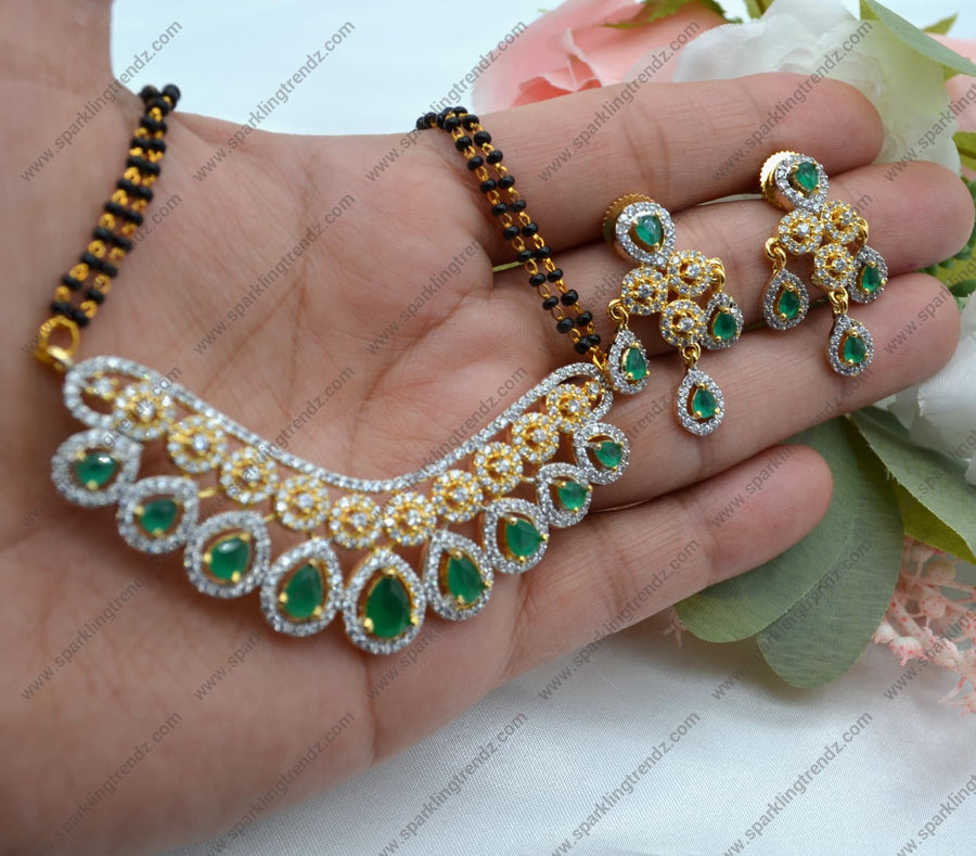 Emerald Green Cubic Zirconia White Black Beads Mangalsutra Set Necklace