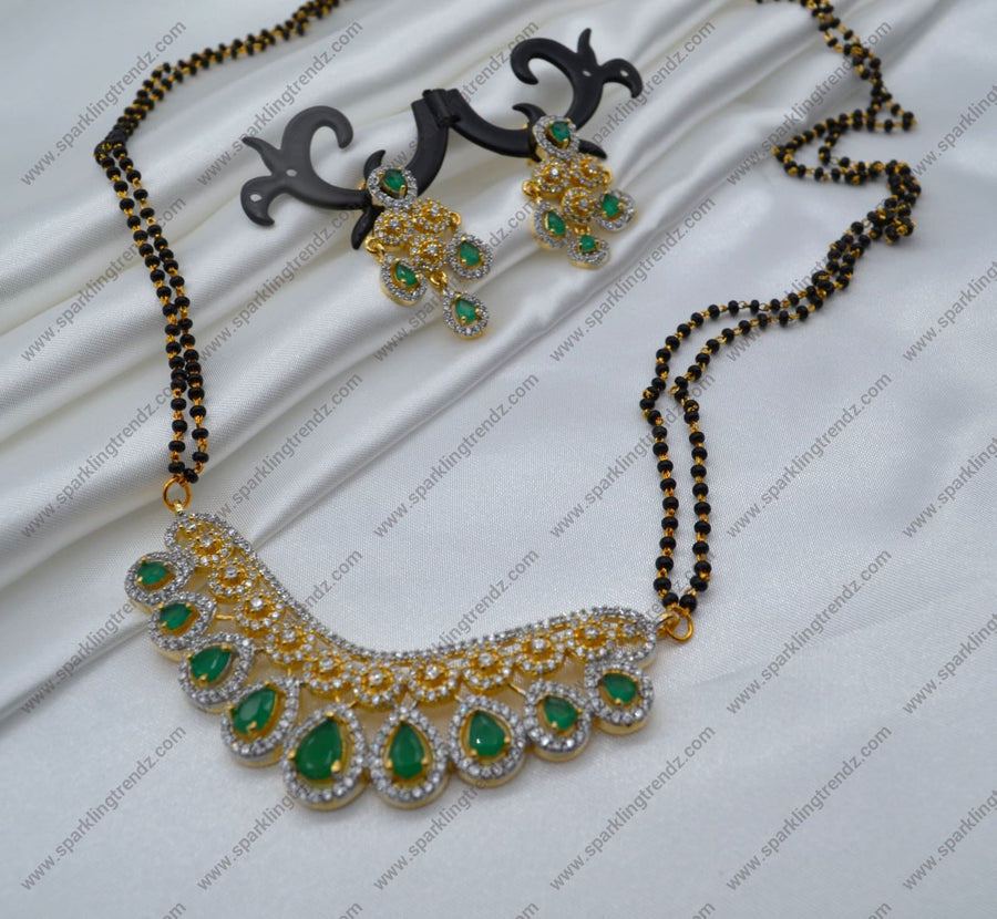 Emerald Green Cubic Zirconia White Black Beads Mangalsutra Set Necklace