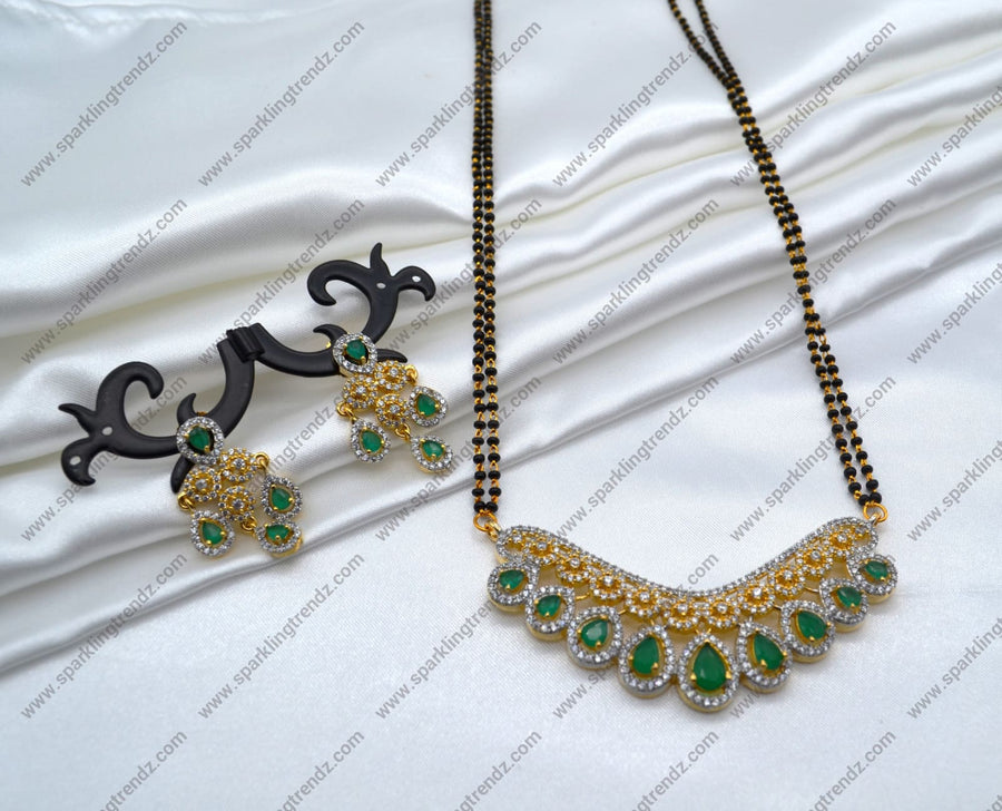 Emerald Green Cubic Zirconia White Black Beads Mangalsutra Set Necklace
