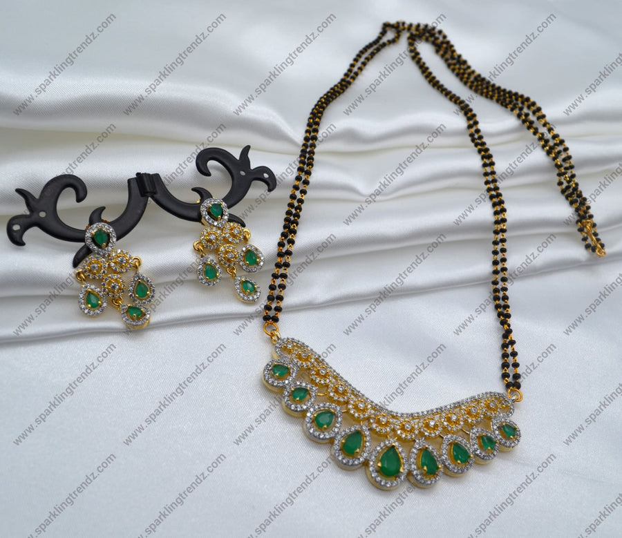 Emerald Green Cubic Zirconia White Black Beads Mangalsutra Set Necklace