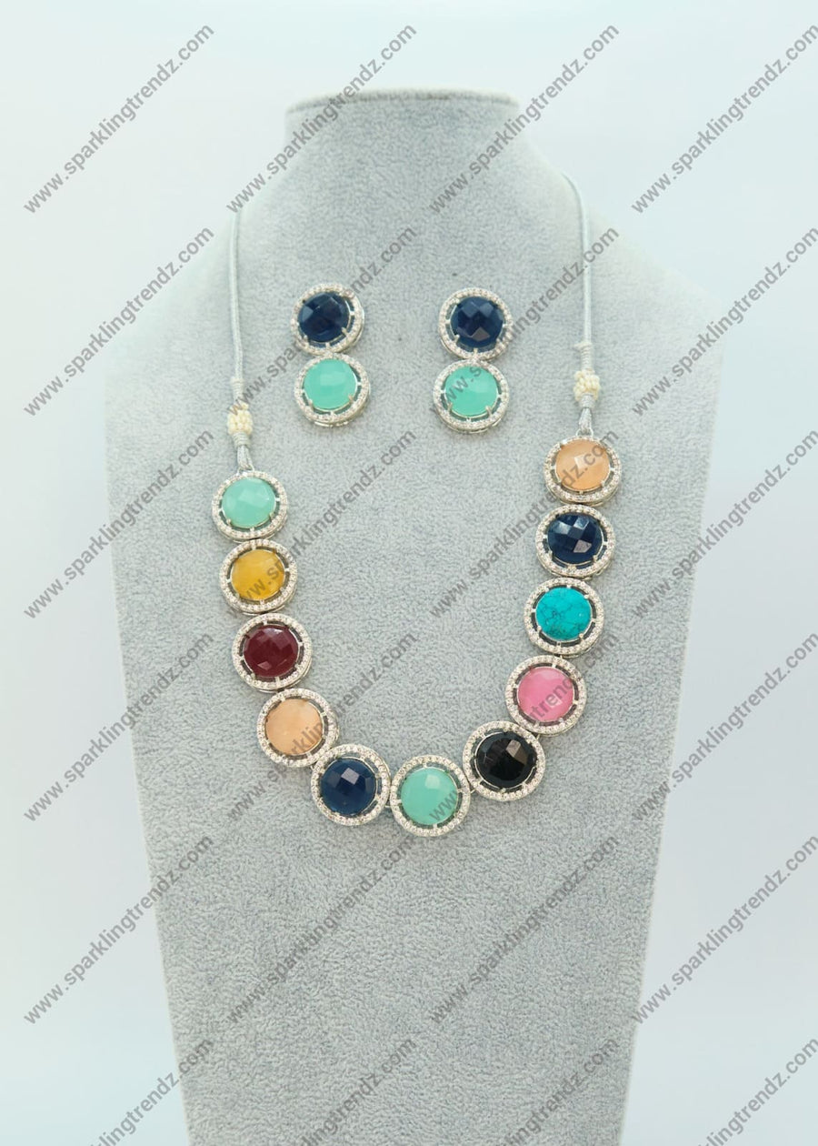 Multicolor Monalisa Ad Studded Necklace Set Necklaces