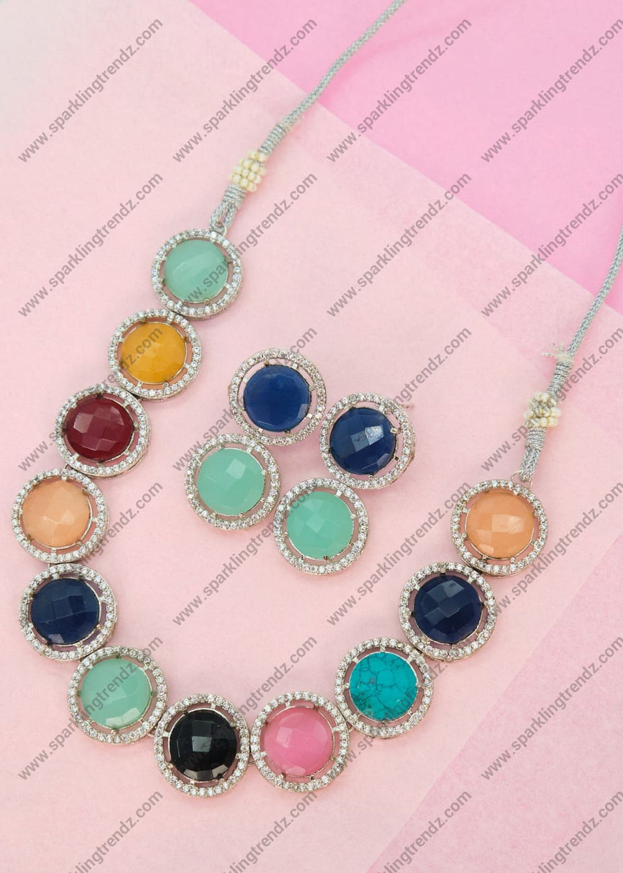 Multicolor Monalisa Ad Studded Necklace Set Necklaces