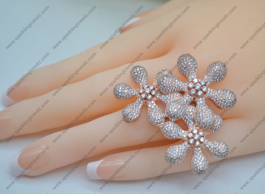 Pave Diamond 3 Flowers Cocktail Adjustable Ring Rings
