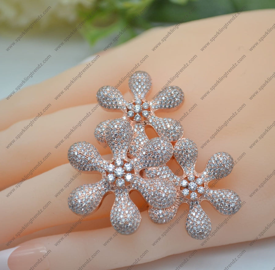 Pave Diamond 3 Flowers Cocktail Adjustable Ring Rings