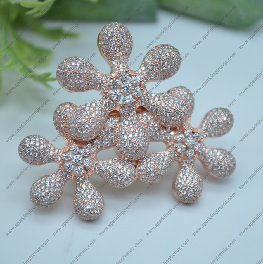 Pave Diamond 3 Flowers Cocktail Adjustable Ring Rings