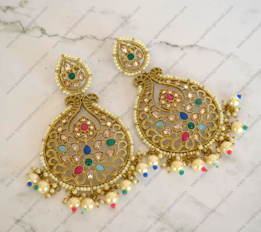 Reserve Polki Multi Color Chandbali With Pearl Tassels Style 2 Earrings