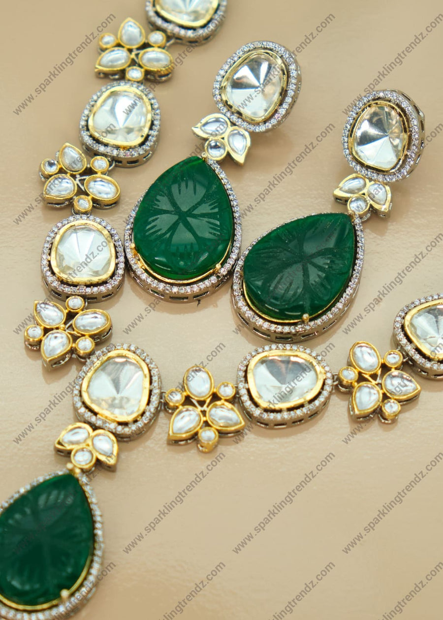 Royal Long Uncut Polki Dual-Tone Necklace Set Green Necklaces