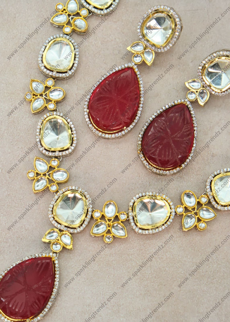 Royal Long Uncut Polki Dual-Tone Necklace Set Maroon Necklaces