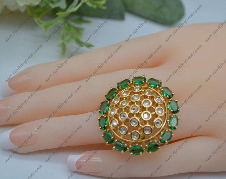 Tyaani Inspired Kundan Adjustable Ring Green Rings